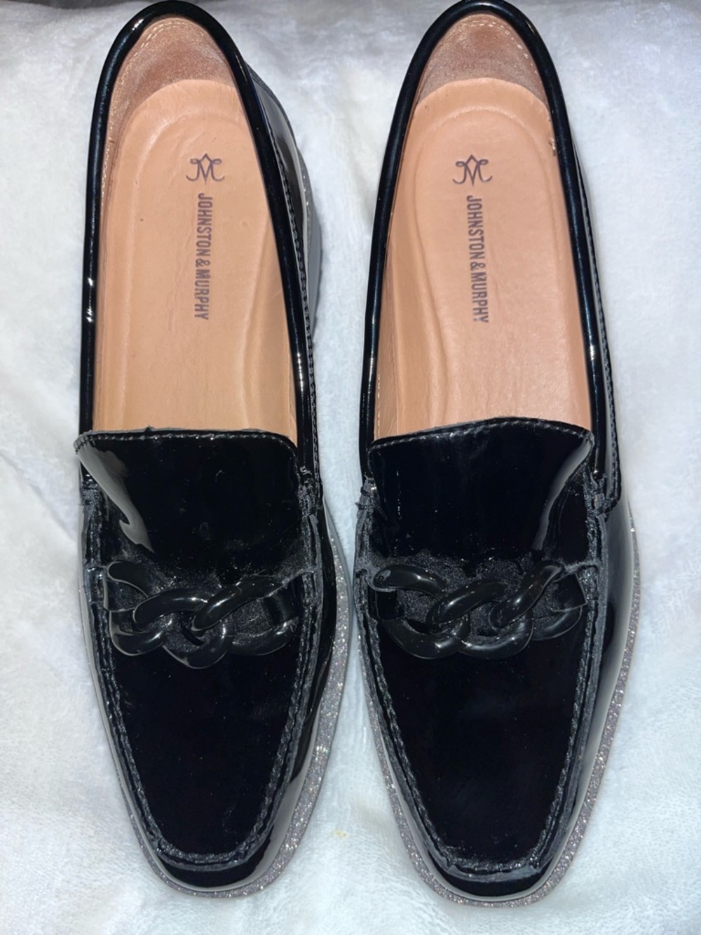 Johnston & Murphy Black Patent Loafers with Chain Detail